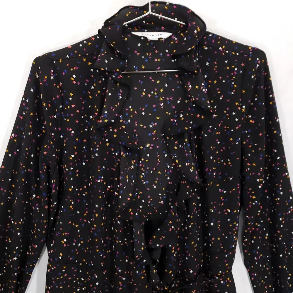 Popsugar Wrap Dress Womens Medium Black Multicolor‎ Stars Ruffle Neck Lined Mini